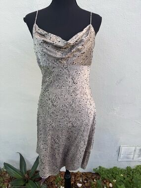 Adrianna Papell Beige Silk slip dress with cowl neck and delicate beaded details